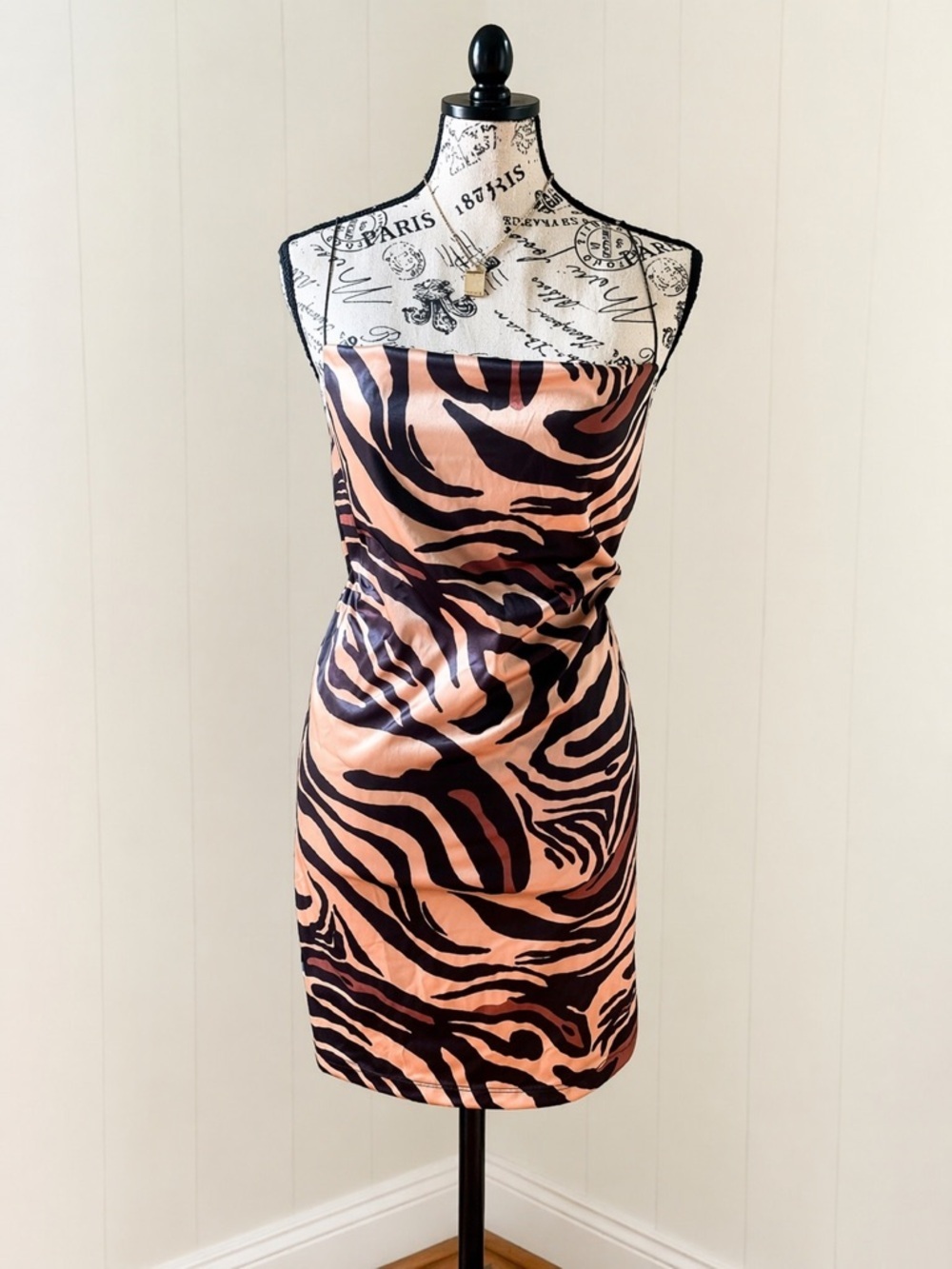 Zara Zebra Print Satin Slip Dress Mini Brown Tan Y2K Bodycon Party Size S
